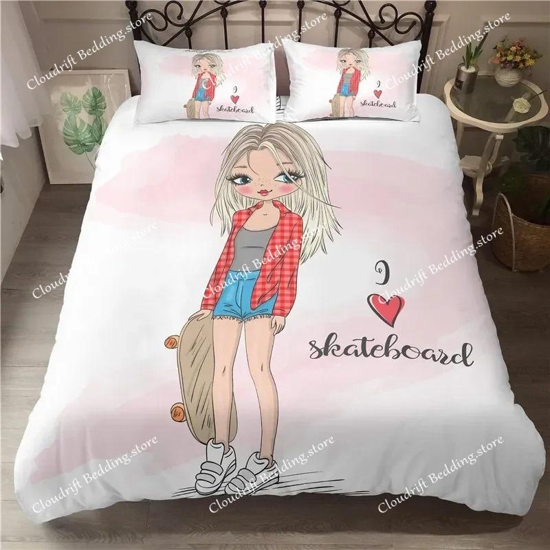 Musical Girl King Queen Duvet Cover Modern Fashion Girly Bedding Set for Kids Teens Adults Cartoon Hip Hop style Quilt Cover