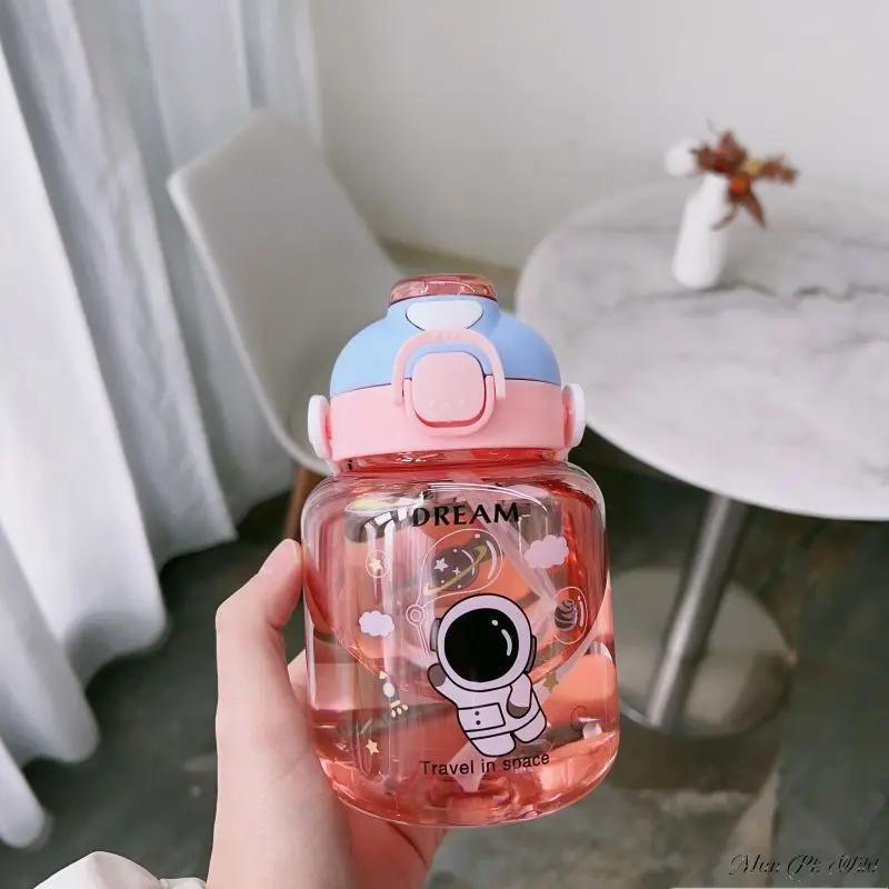 Wasserflasche Doppeltrinkhalm Kawaii Kinder Wasserflasche Niedlicher Plastik Trinkbecher mit Strohhalm und Seil Schulkinderflasche