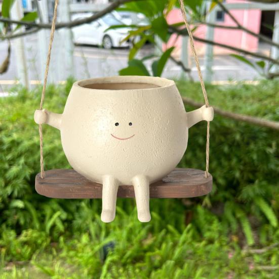 Vaso Per Piante Con Volto Oscillante: Fioriera Originale A Dondolo Con Faccina Sorridente - Verde Cachi