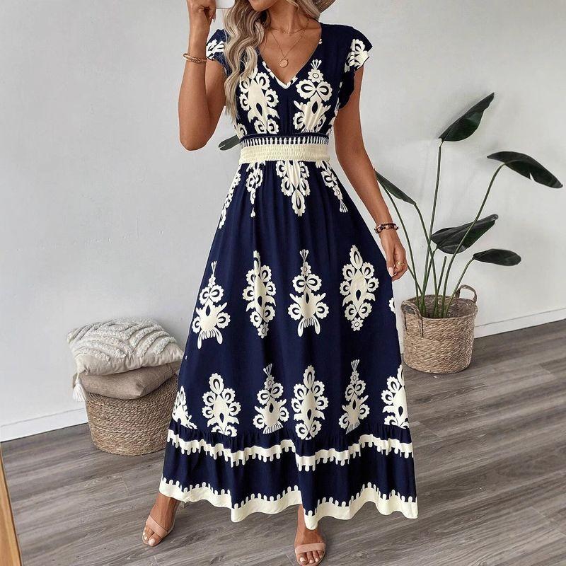 

Модный стиль Этнический стиль Ретро принт Праздничное V-образный вырез Короткий рукав Платье Женское Летнее Облегающее талию Стройнящее Выглядящее высоким Длинная юбка Dark blue S