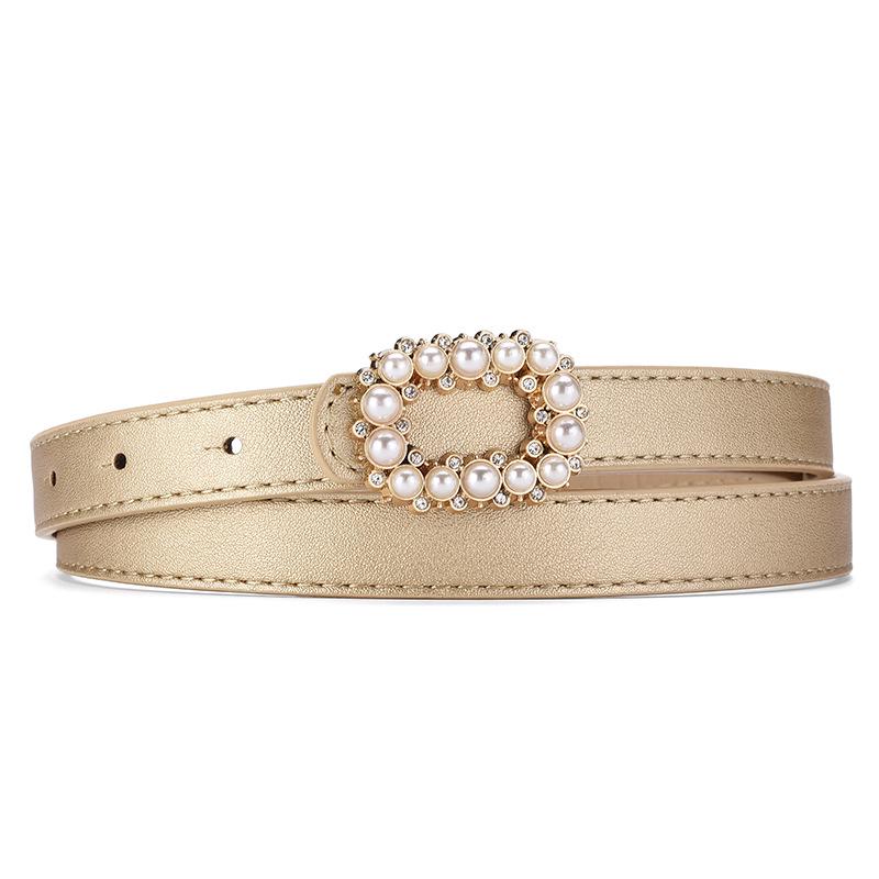 Pearl-Inlaid Ladies' Thin Waistband Fashionable Leather Belt with Decorative Plate Buckle