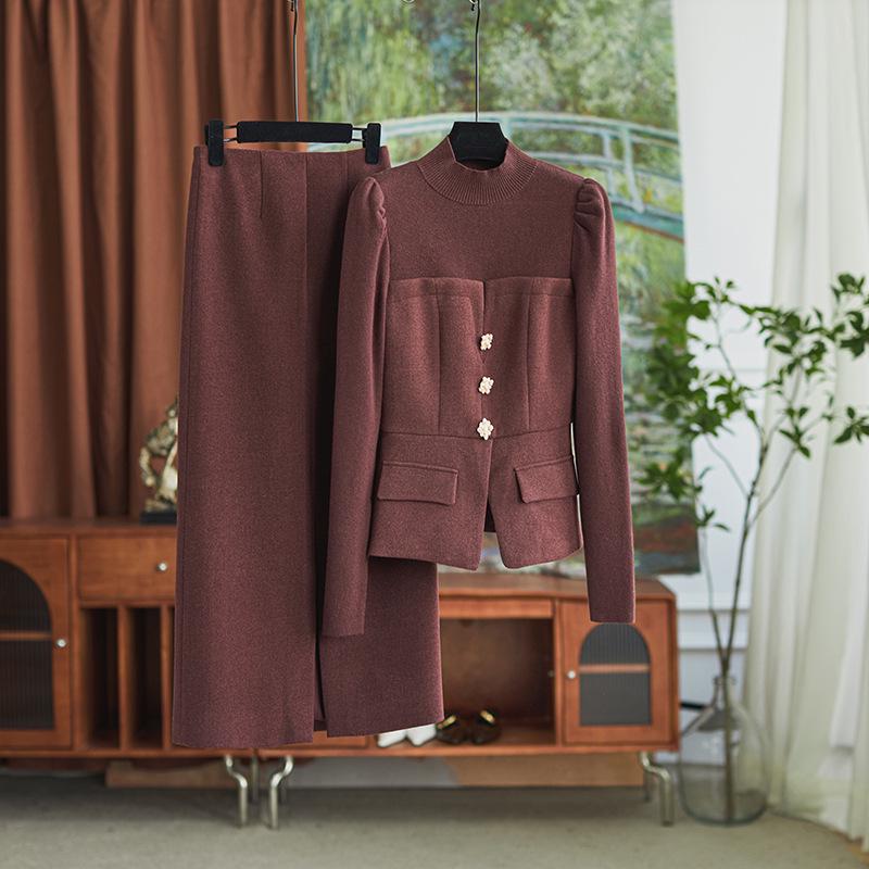 French Light Luxe Beaded Knit Top & Midi Skirt Set for Women