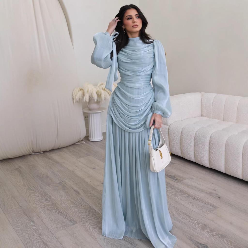Elegant Women's Pleated Satin Dress with Round Neck and Long Sleeves