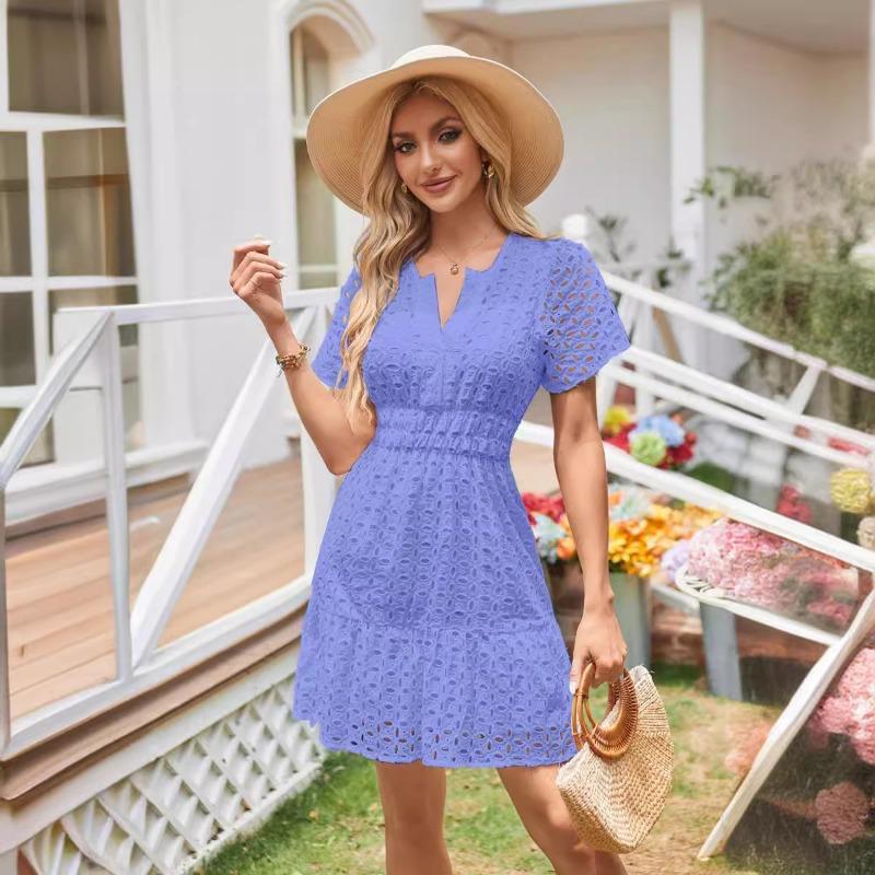 Female V-neck Hollow Lace Pleated Short Sleeved Dress