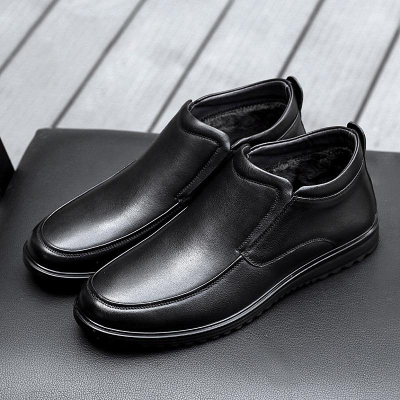 Warm Plush Fur Men's Chelsea Boots Genuine Leather Comfortable Ankle Boots Ultra-light Casual Slip On Footwear Business Loafers
