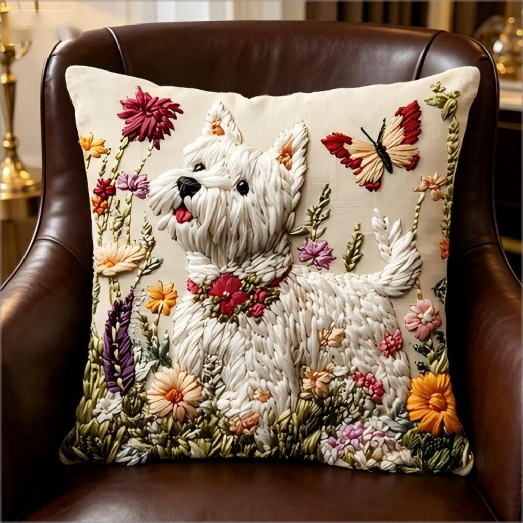 2D Westie Kissenbezug Niedlicher West Highland Terrier Mit Blumen Aufdruck Kissenhülle Für Sofa Couch Heimdekoration