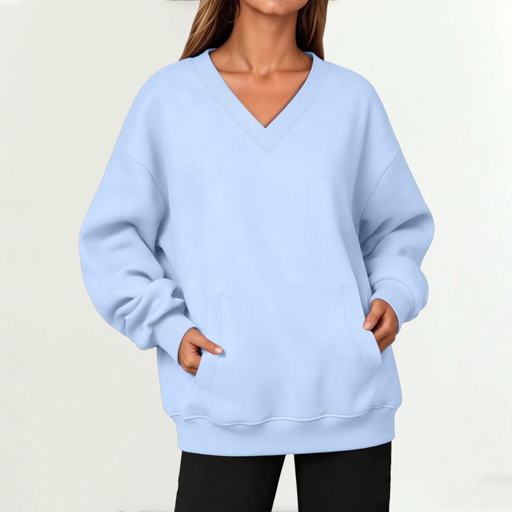 Damen V-Ausschnitt Langarm Pullover Sweatshirt mit Tasche für Herbst und Winter