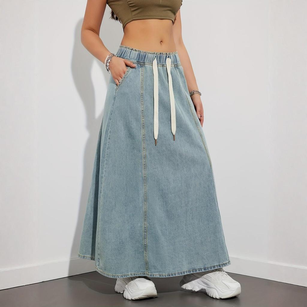 Women's Casual Elastic High Waist Loose A-Line Long Flared Denim Skirt