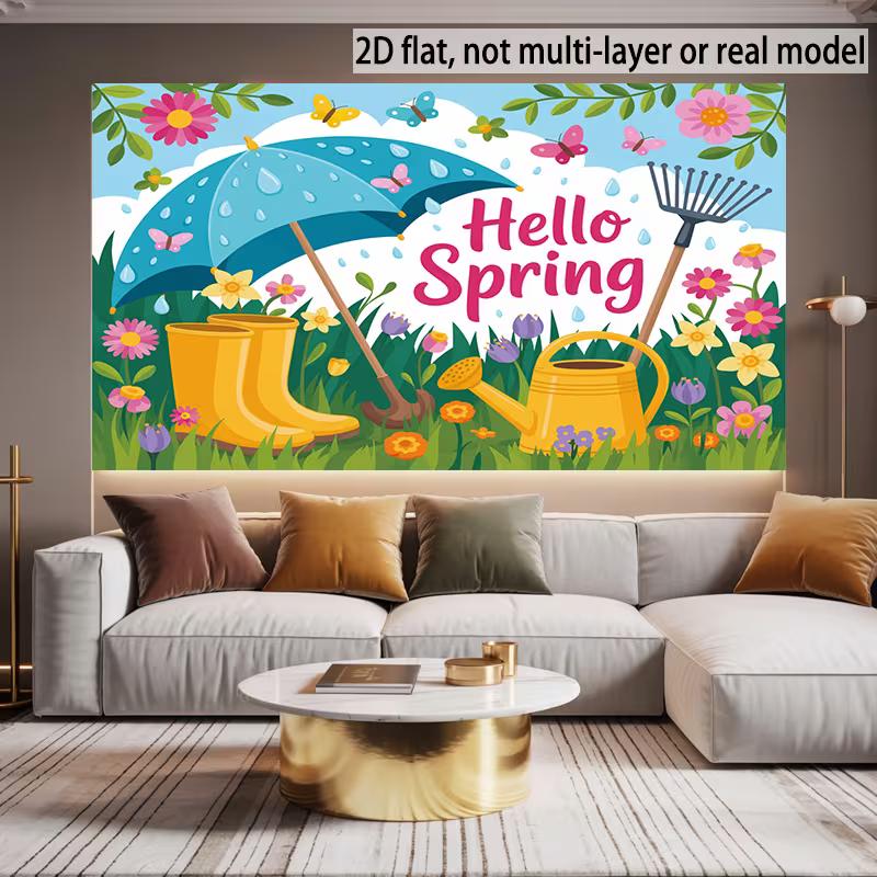 

2D Whimsical Spring Tapestry, Cheerful Garden Scene with Watering Can and Colorful Blooms 47.2x31.5inch/120*80cm