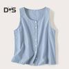 Damen Sommer Weste Rundhals Ärmellos Loose Fit Tops Einfarbig Knopfleiste Design Tank Tops Streetwear