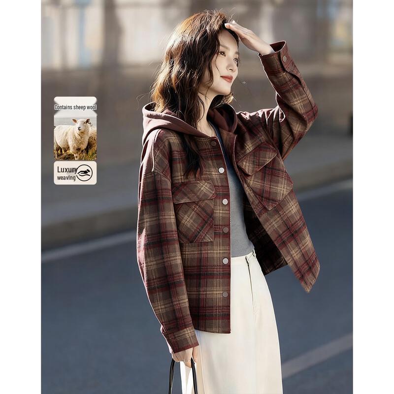 

Demana Women s Retro Plaid Hooded Lamb Wool Blend Winter Jacket M