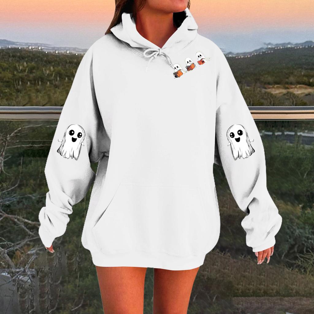 Women's Solid Color Long Sleeve Casual Halloween Print Pullover Hooded Sweatshirt
