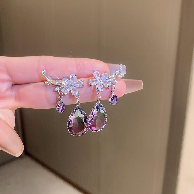 Super Flash Diamond Purple Flower Pearl Stud Earrings French Earrings