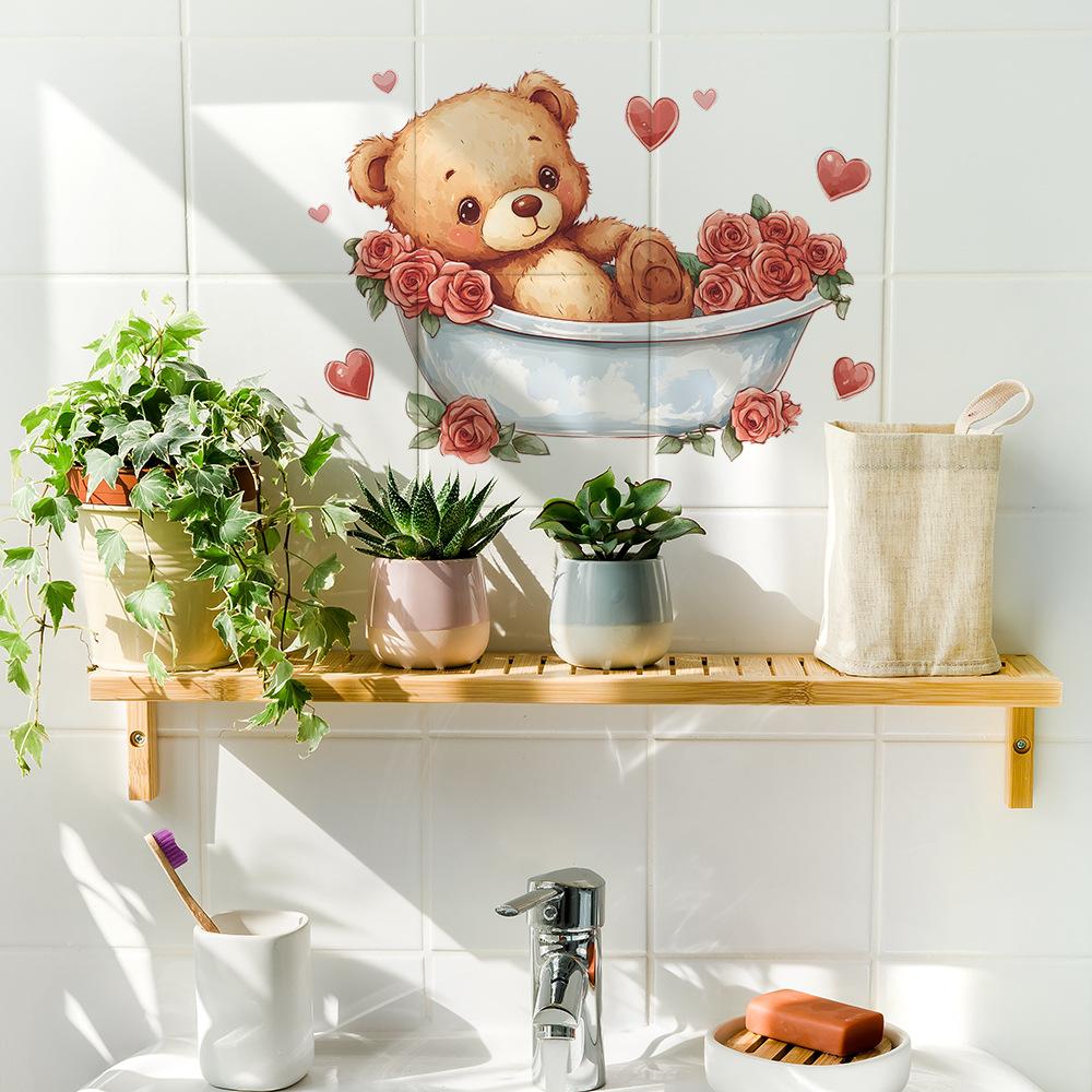 Bathtub Bear Roses Bathroom Bathroom Home Background Beautification Decoration Wall Stickers