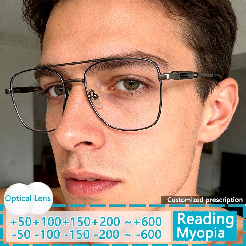Neue Herren-Myopiebrille Metall Doppelsteg-Brillengestell Astigmatismus Geschäftsleute Brille Rechteckig Korrektionsbrille