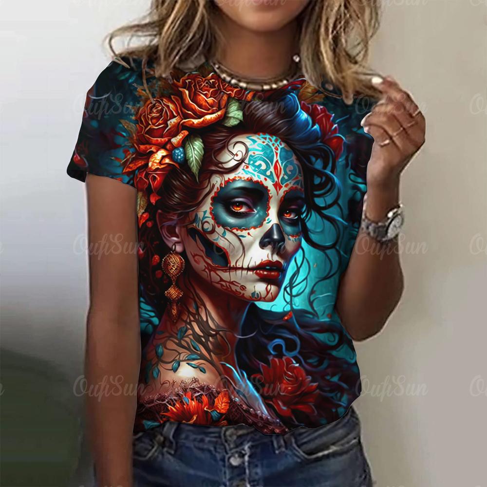 Women Skull Print T-Shirt For Print Harajuku Short Sleeve Tops Autumn O Neck Oversized Sweater Female Casual Clothes