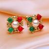 SENIKO Natural Freshwater Pearl Earrings For Women Fashion Gold Color Green and Red Flower Stud Earrings Party Jewelry