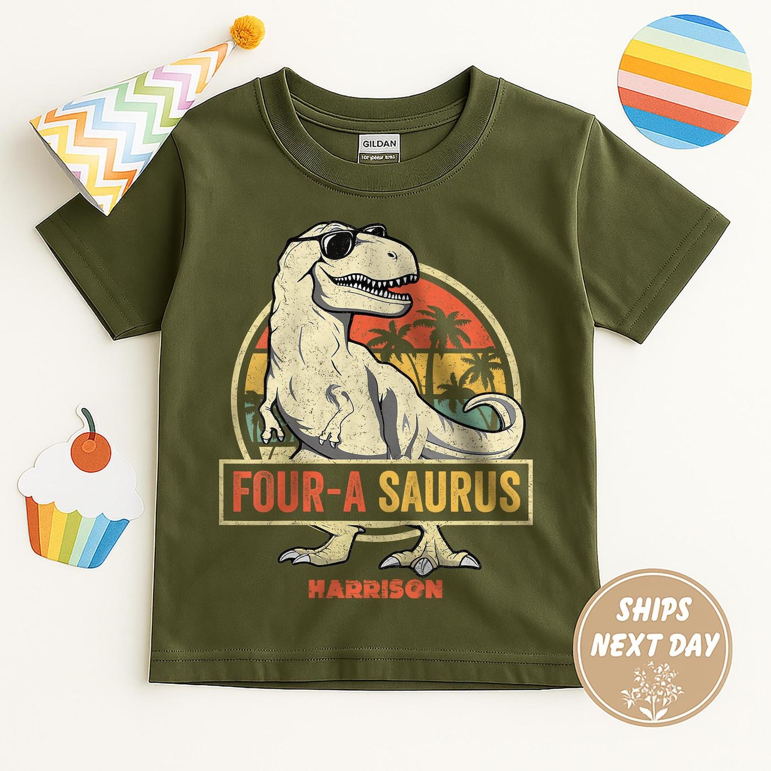 Personalized Four A Saurus Birthday T-shirt, Custom Name 4th Birthday Boy, Fourasaurus Dinosaur Birthday Shirt, Dino Saurus Birthday Shirt 130