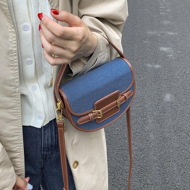 Premium texture bag saddle bag niche denim splicing handbag bag new casual versatile messenger bag
