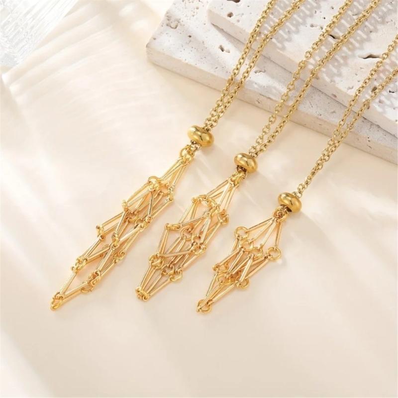 Natural Crystal Holder Necklace Adjustable Mesh Pendant Necklaces Metal Collarbone Chain Crystal Stone Holder Accessory