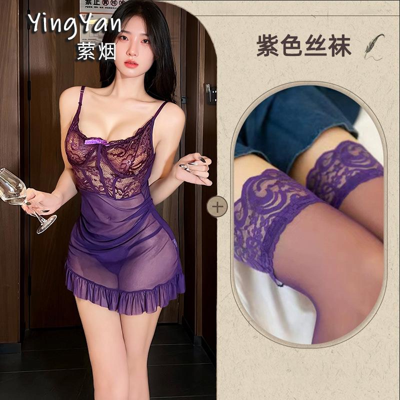 Sexy lingerie sexy perspective lace slim nightdress charm tulle hollow beautiful back irregular loungewear