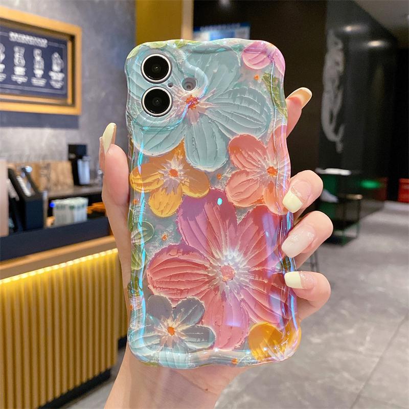 Luxury Fashion Flowers Laser Phone Case For iPhone 11 12 13 14 15 16 Pro Max Plus Glitter Diamond Soft Shockproof Bumper Cover