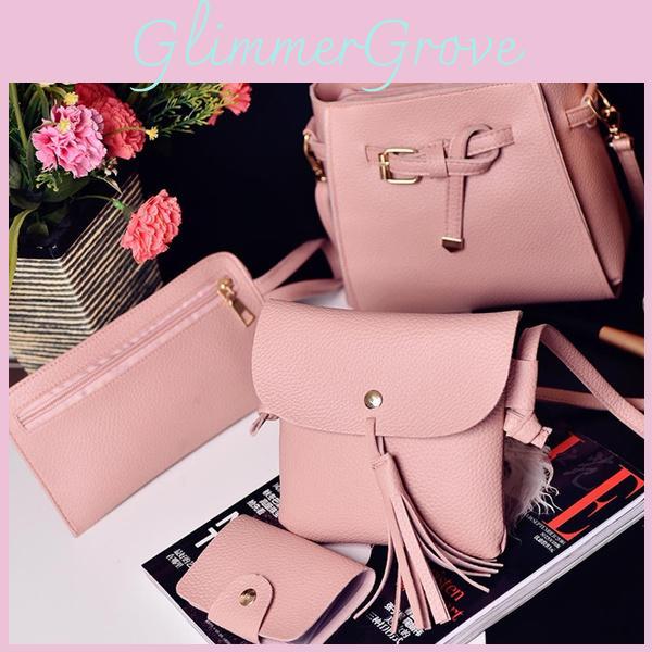 Elegant 4pcs Women Lady Handbag Set In Premium Pu Leather With Adjustable Strap