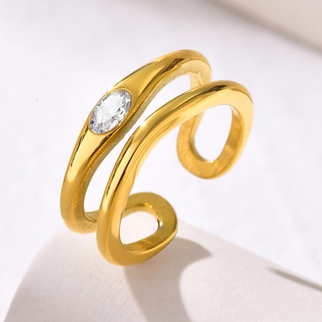 Double-layer Hollow Open Zirconia Rings for Women, Gold Plated Stainless Steel Finger Ring, Luxury Waterproof Jewelry