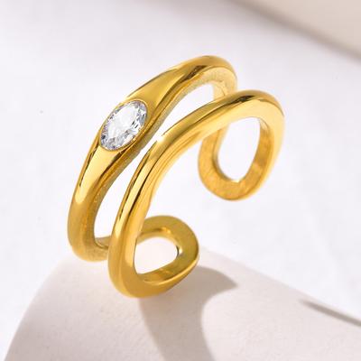 Double-layer Hollow Open Zirconia Rings for Women, Gold Plated Stainless Steel Finger Ring, Luxury Waterproof Jewelry
