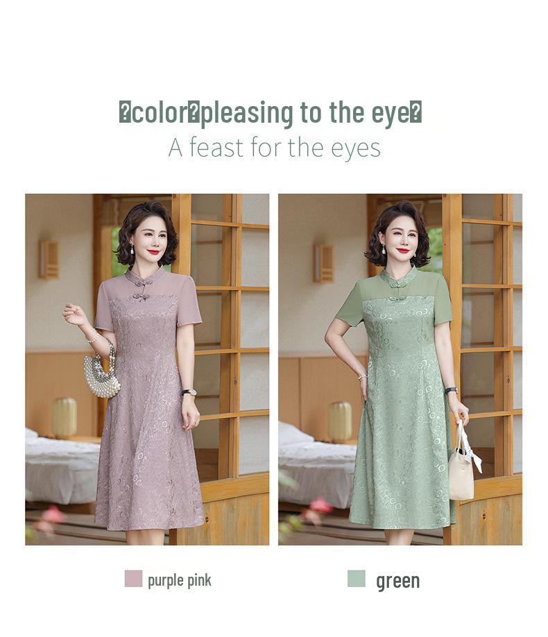 Rochie Qipao Elegantă de Vară cu Mânecă Scurtă, Șic, 2025, pentru Femei de Vârstă Mijlocie