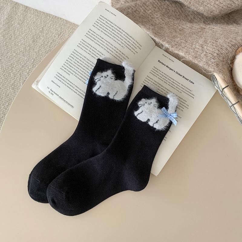 

Ladies Autumn Cute Cartoon Floss Kitten Puppy Breathable College Wind Tube Cotton Socks 1 pair чёрный