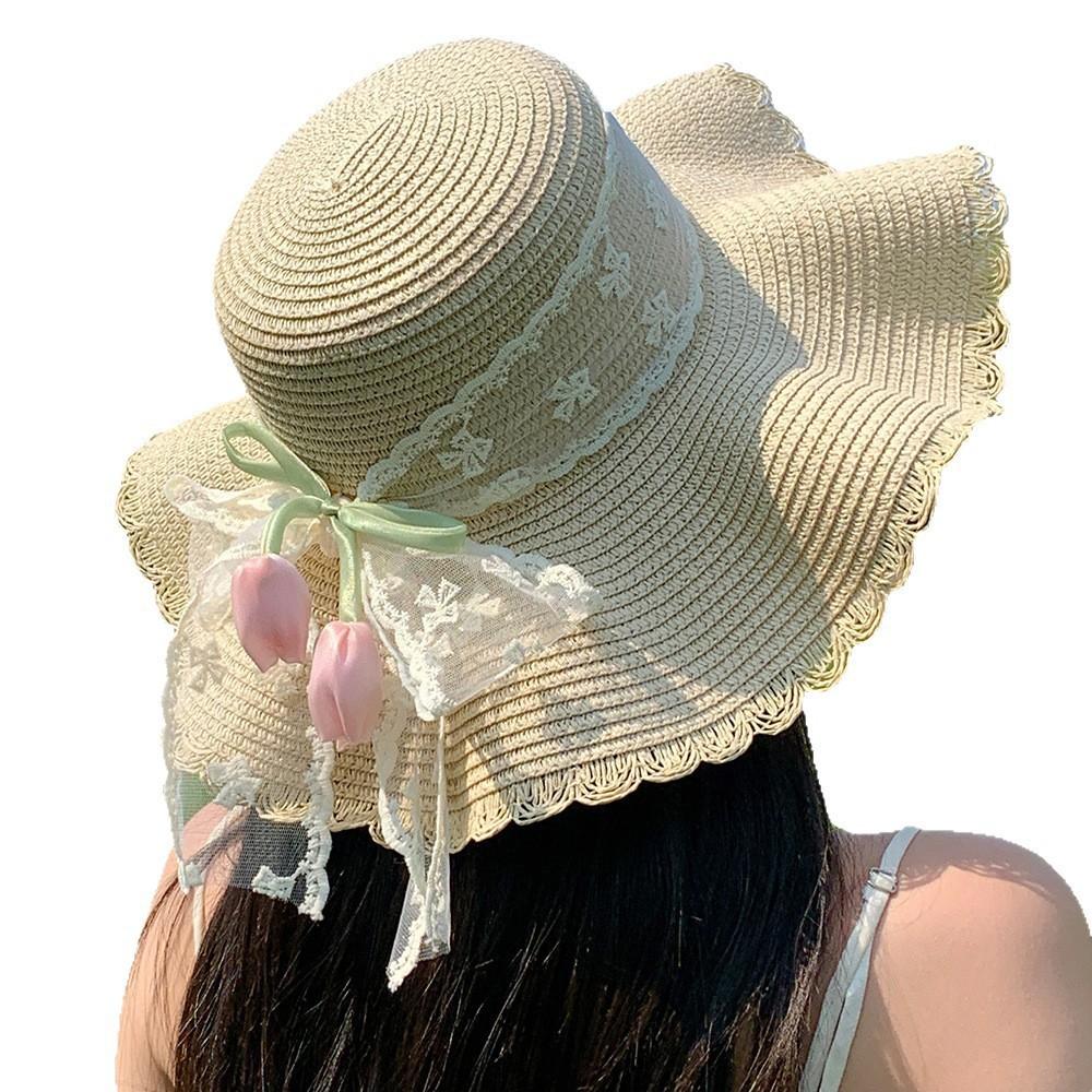 The New Tulip Straw Hat Seaside Vacation Style Bow Sunscreen Sun Hat Large Brim Sun Hat