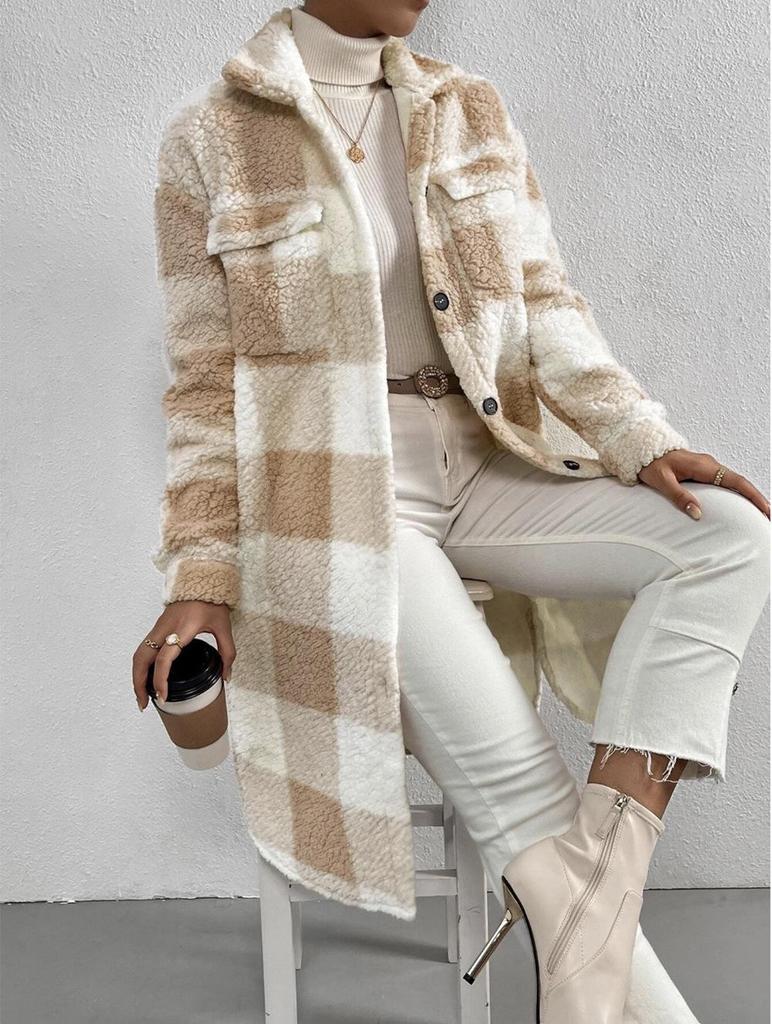 Autumn and Winter Buttoned Lapel Plush Plaid Skirt Loose Temperament Commuting Long Coat Women