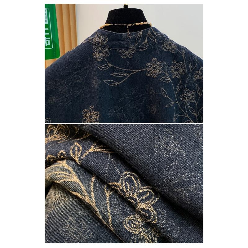 DIMANAF 2026 Herbst Winter Große Größen Damen Jeansjacken Mantel Kurz Lässig Print Floral Locker Knöpfe Blau Vintage Oberbekleidung