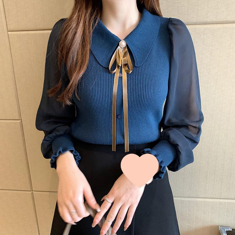 2025 Women's Slim Fit Chiffon Knit Sweater with Peter Pan Collar and Lantern Sleeves