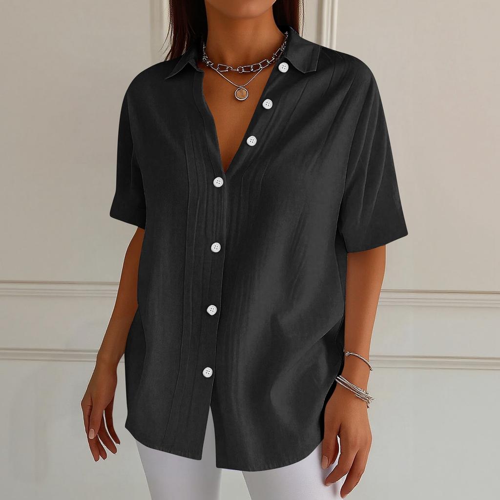Chemise à manches courtes boutonnée et col pour femme -couleur