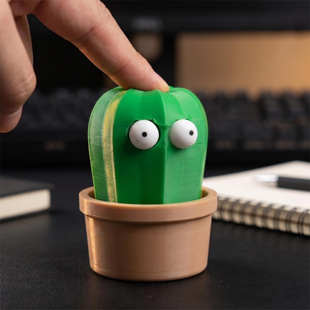 3D Printed Bulging Eye Cactus Statue Squeeze Toy Funny Desktop Ornament Novelty Stress Relief Figurine with Pot Base