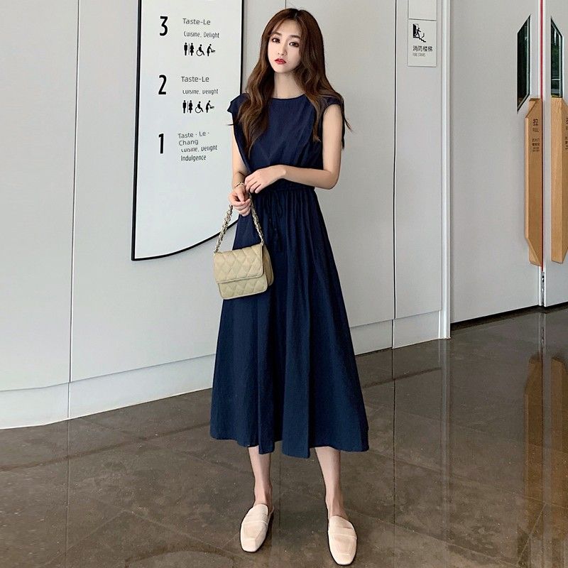 Summer Korean Style New Solid Artistic Student Waist Hugging round Neck Loose Mid-Length Sleeveless Dress Women Dress