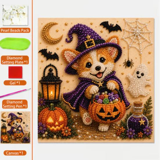 Seasonal Home Decor Projects Halloween Faux Pearl Painting Kit, Puppy Art DIY Witch Stress Relieving Hobbies Hat Bead Craft Kit for Adults And Teens,