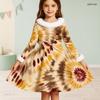 Girls Long Sleeve Faux Fur Collar Abstract Printed A Line Flared Dress With Waist Bow