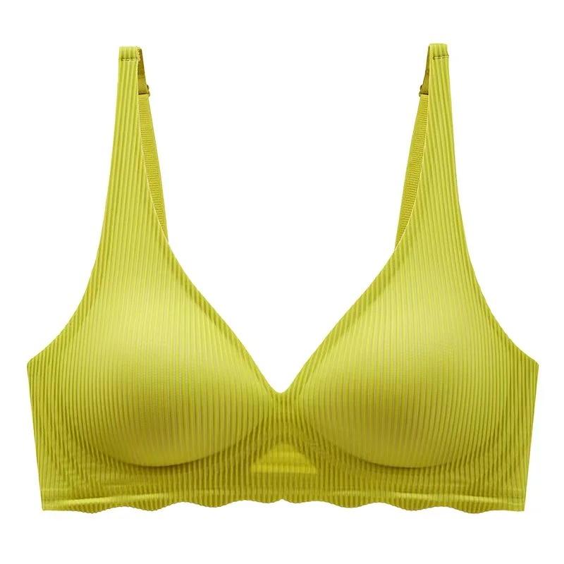 

Seamless Women s Bra Small Chest Big Hollow Design Underwear Support Non-removable Semi-fixed Cup One Piece Striped Thin Bra XL зелений