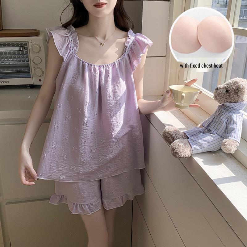2026 Women's Cloud Cotton Camisole Pajama Set with Built-in Bra, Princess Style