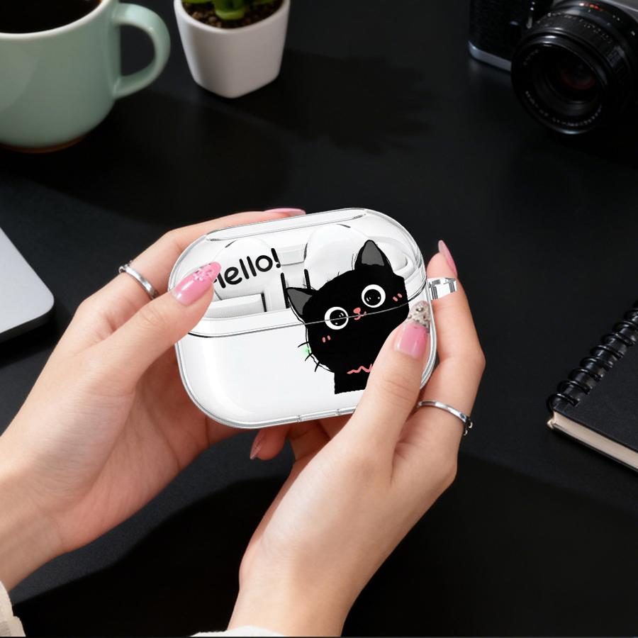 Case For Samsung Galaxy Buds 2 Live 4 Pro 2Pro 3Pro 3 FE 4Pro Clear Earphone Cases Cover With Hook Hello Cute Cat