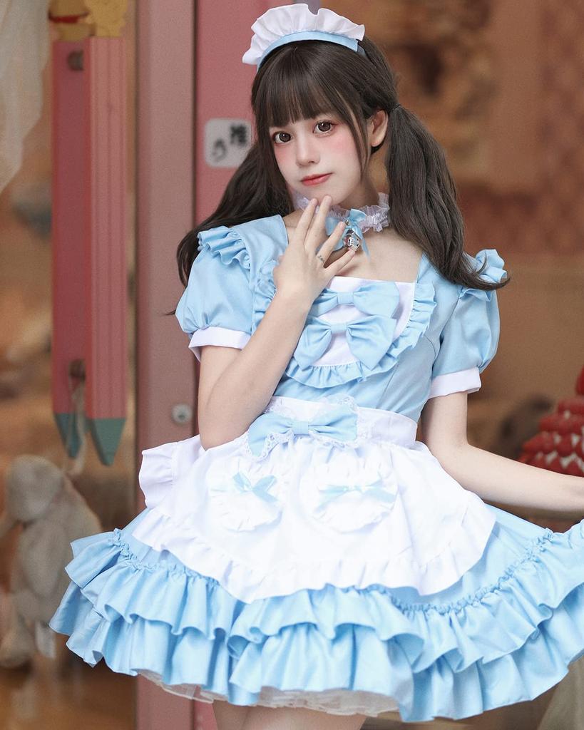 Milky Time Women's Lolita Maid Cosplay Dress, Short Sleeves, Ribbon, 4 Colors (Blue)