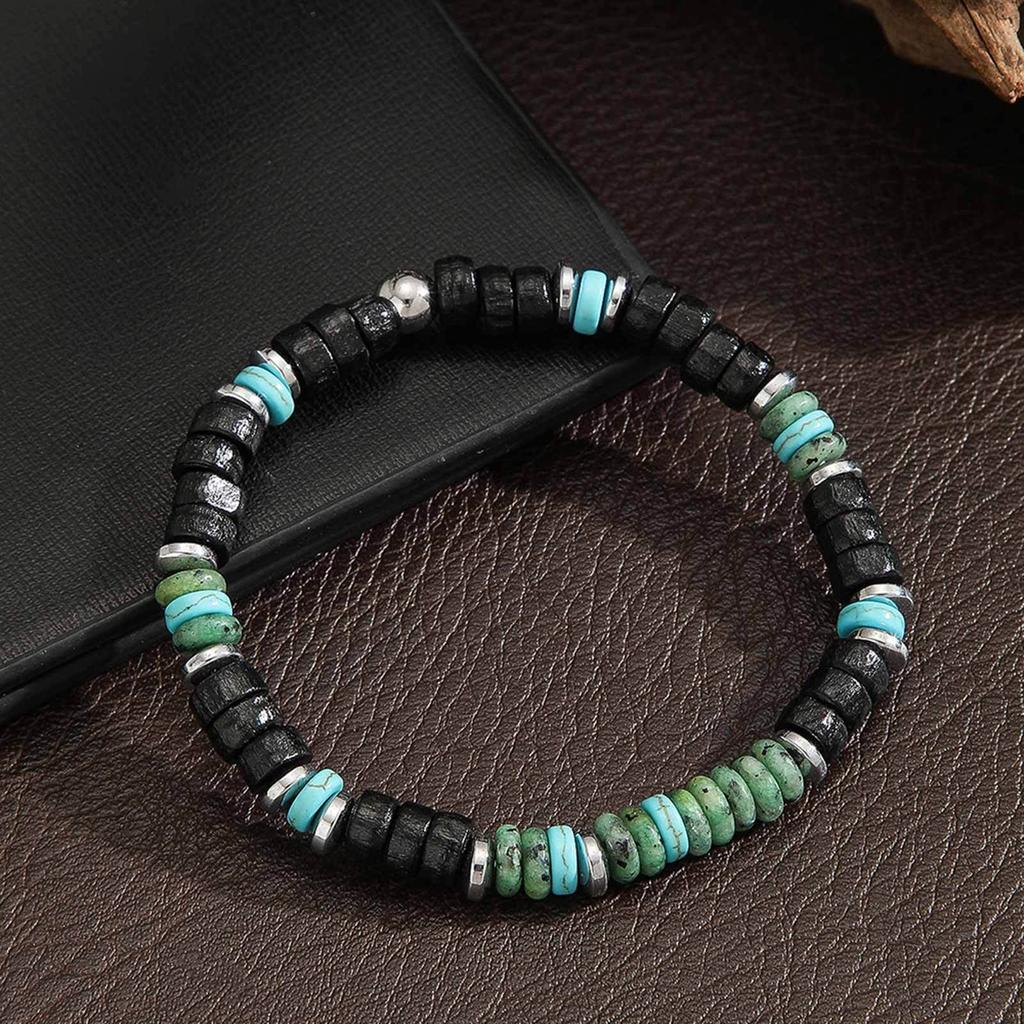 Vnox Retro Accent Stone Spacer Imitation Black Agate Beaded Bracelet with Elastic Rope, Boho Style Men's Jewelry for Party