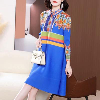 Design Inspired Printed Dress, Spring Dress, Women's New Style, Stylish Lapel Pleated Loose Fitting Dress