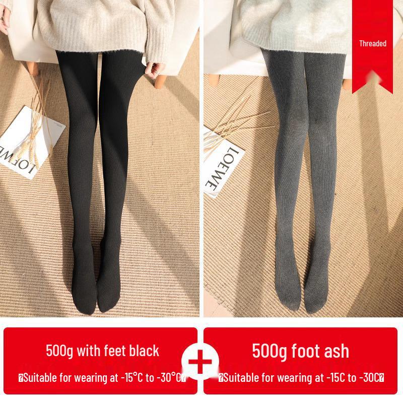 Women's Plus Size Fleece-Lined Ribbed Cotton Footed Tights - Vertical Stripe, Warm Spring/Summer Leggings