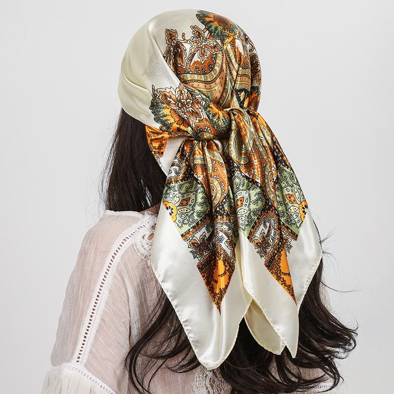 90*90cm Women Hijab Satin Square Scarf Paisley Cashew Print Silk Scarf Neckerchief Shawl Wraps Headband Hair Accessories Bandana