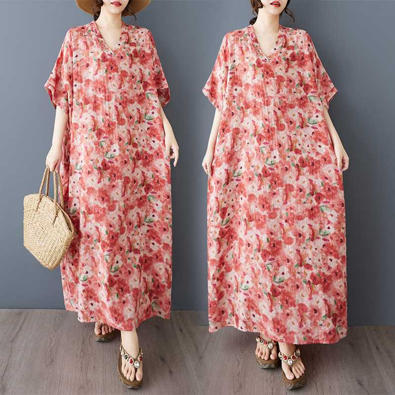 Summer Floral Vacation Style Travel V-neck Retro Long Dress To Hide The Flesh Cotton and Linen Dress