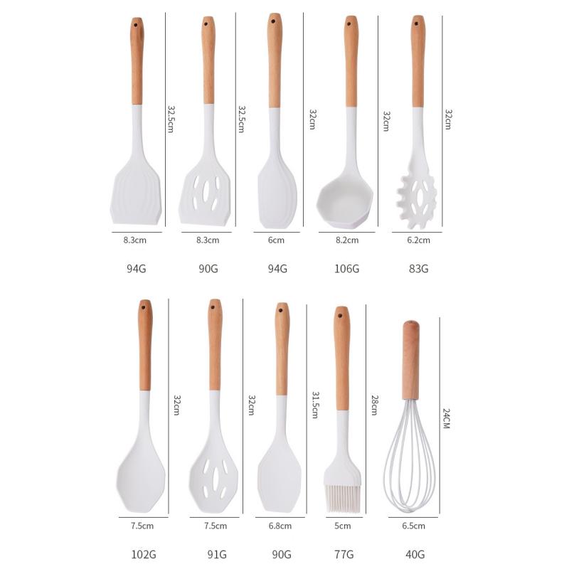 12-piece Set Wooden Handle Silicone Kitchen Utensils Silicone Kitchen Utensils Non-stick Pan Cooking Spatula Baking Storage Tool